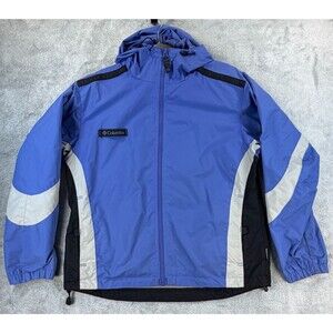 Columbia Women’s Packable Jacket Blue Gray Reflective Hooded Windbreaker M